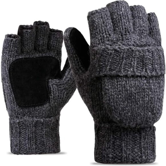 Half-Finger Flip Cover Gloves Wool Blend Knitted Winter Warm Gloves Men Women - Picture 1 of 6